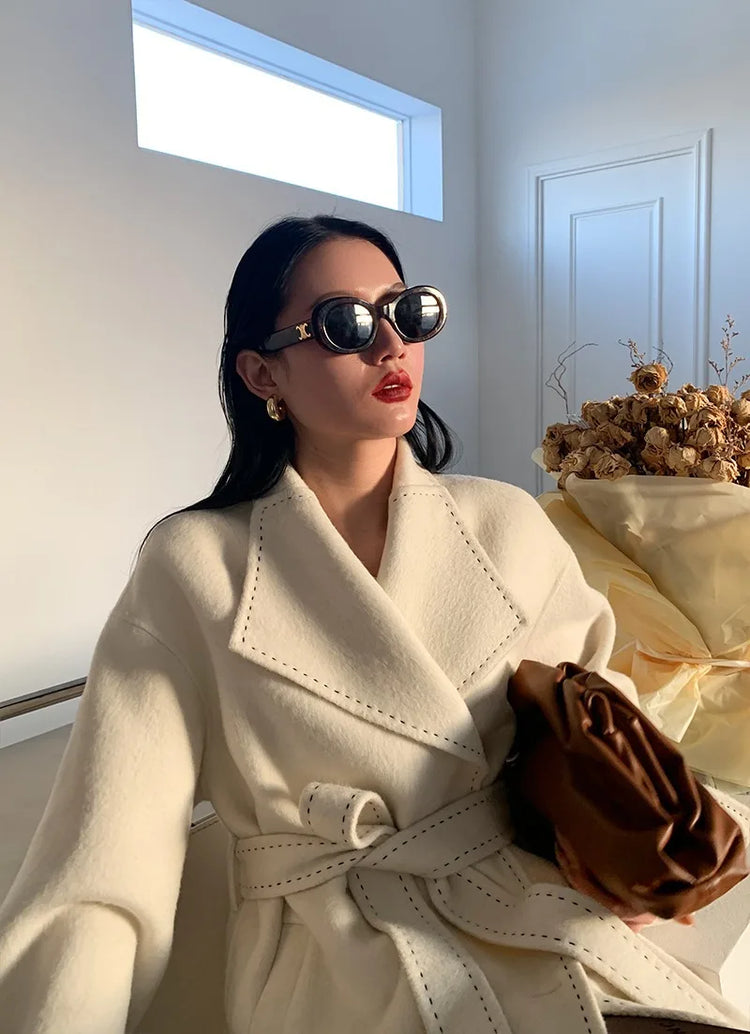 New Solid Korean Style Women Wool Coat Arch Needle Large Neck Versatile Fashion Texture Double Sided Trench Coats Female Winter