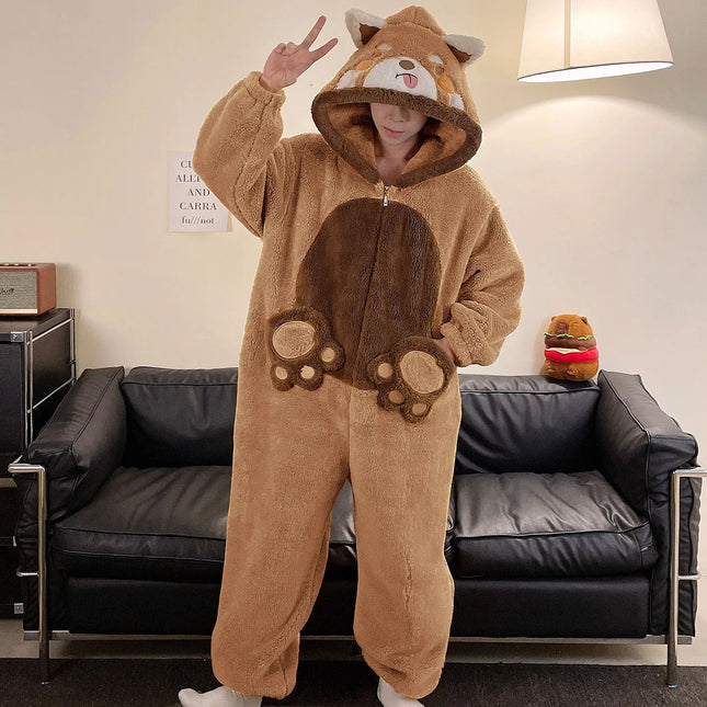 Kawaii Winter Couple Sleepwear Cartoon Dog Pajamas Onesie Soft Warm Coral Fleece Loose Hooded Homewear Nightgown for Men Women