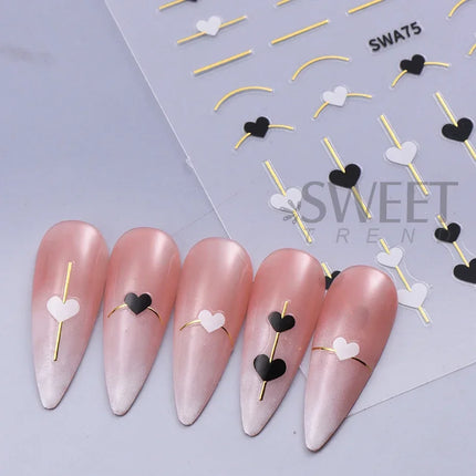 4pcs 3D Gold Heart Line Nail Art Stickers MetallicGlitter French Stripes Love Letter Romantic Valentines Holographic Decoration