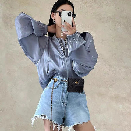 Women's Leather Slanting Belt Bag Detachable Adjustable Chain Strap Shoulder Bag Fashion Wallet Hanging Pouch Belt Bag PlatiNum