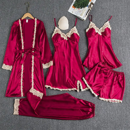 2025 Conjunto de pijama de raso de lujo de 5 piezas para mujer, ropa de dormir sedosa, bata de encaje, camisón, cami, pantalones cortos, pantalones, elegante pijama, novedad