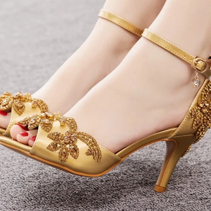 Sandalias de mujer de calidad femenina con diamantes de imitación de PU, tacón delgado de 7 cm, correa de hebilla, zapatos de vestir de estilo coreano para mujer, azul cielo maduro