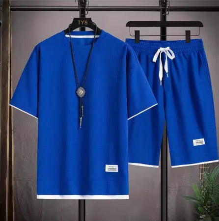 2026 nuovi set di waffle da uomo estivi T-shirt e pantaloncini casual Set tuta sportiva maschile tuta tinta unita abiti larghi platinumshop