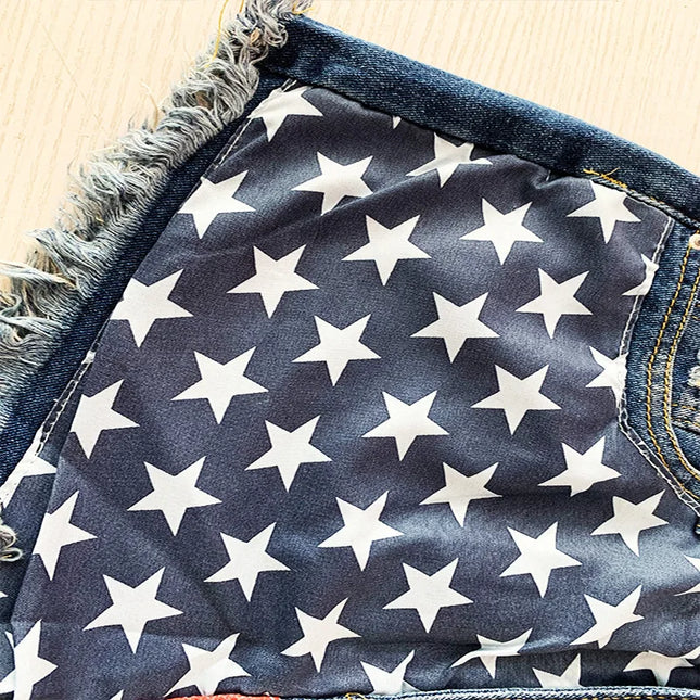 Women's Y2K Star Print Denim Shorts, European and American Fringed Jeans