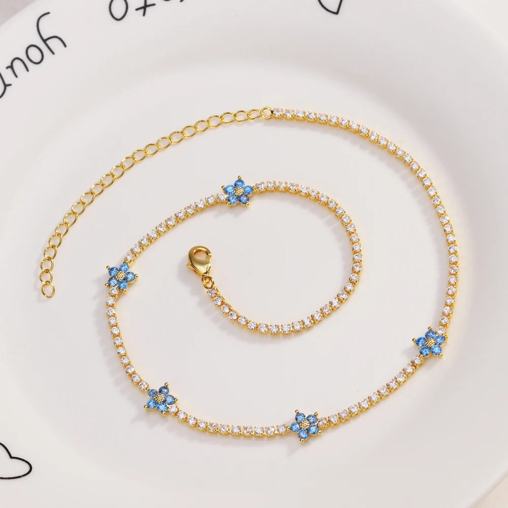 Fiori colorati con zirconi cubici Baguette Catena da tennis Collana girocollo da donna Gioielli hip-hop in ottone per donna Dorato