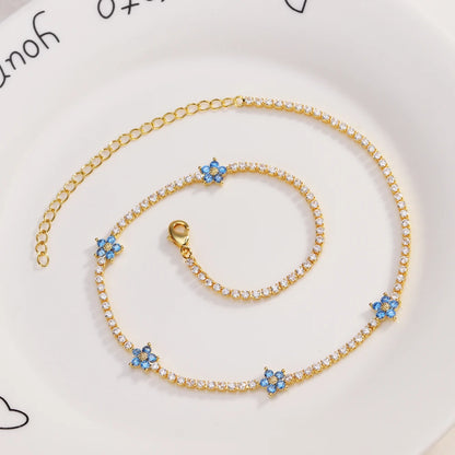 Fiori colorati con zirconi cubici Baguette Catena da tennis Collana girocollo da donna Gioielli hip-hop in ottone per donna Dorato