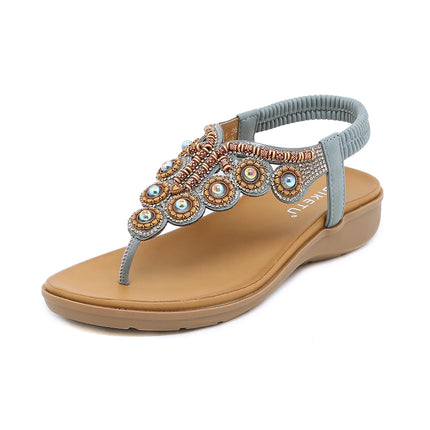 New 2026 Women's Summer Bohemian Style Sandals, Flip-Flop Design with Beaded and Rhinestone Buckle, Elastic Heel Strap, Comfortable Everyday Shoes