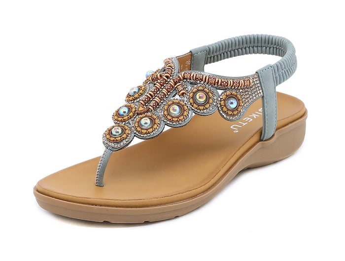 New 2026 Women's Summer Bohemian Style Sandals, Flip-Flop Design with Beaded and Rhinestone Buckle, Elastic Heel Strap, Comfortable Everyday Shoes