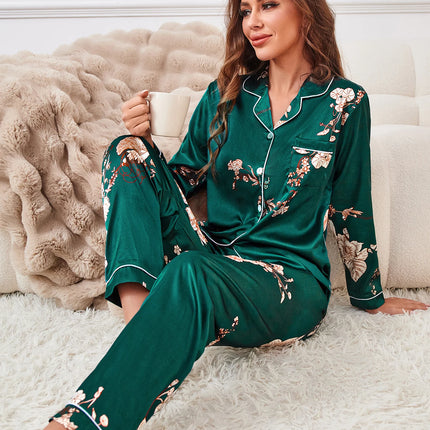 Set pigiama in raso con bordature a contrasto con stampa floreale, pigiama da donna e pigiama con bottoni e pantaloni con risvolto