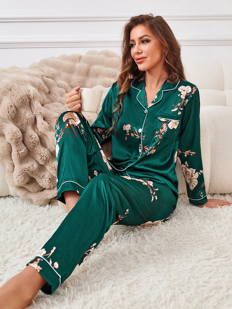 Set pigiama in raso con bordature a contrasto con stampa floreale, pigiama da donna e pigiama con bottoni e pantaloni con risvolto