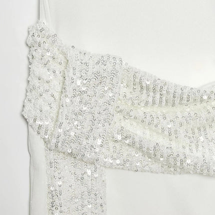 HH 2026 Abito Corto Elegante da Donna Bianco con Maniche Corte, Schiena Scoperta e Decorazioni in Paillettes, Mini Abito Sexy alla Moda per Feste platinumshop