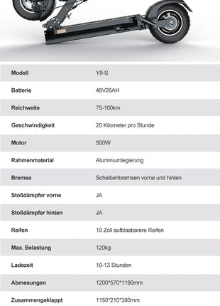 Monopattino Elettrico JOYOR Y8-S per Adulti, 500W 48V26Ah, 25km/h, Ruote da 10 Pollici, Pieghevole, Magazzino in Germania, Certificato CE ABE