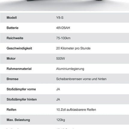Monopattino Elettrico JOYOR Y8-S per Adulti, 500W 48V26Ah, 25km/h, Ruote da 10 Pollici, Pieghevole, Magazzino in Germania, Certificato CE ABE