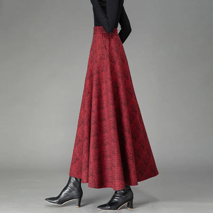 New Women Woolen Plaid Skirt Autumn Winter Fashion Elastic High Waist A-Line Wool Blended Long Skirt Simplicity Vintage Skirt PlatiNum