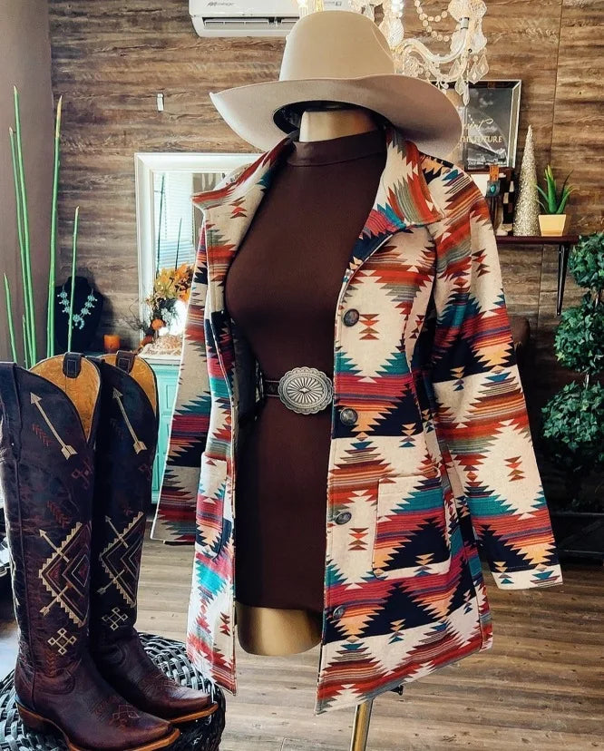 Women Blazer Long Sleeve Cardigan Wool Coat Digital Print Outerwear Spring Summer Blazers