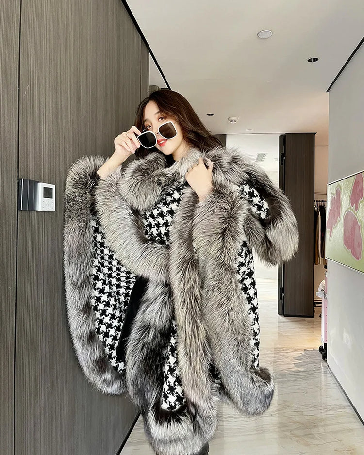 ZADORIN Autumn Winter Luxury Faux Fur Coat Women Elegant Houndstooth Tweed Warm Big Poncho Fur Shawl Cape Women Party Outerwear