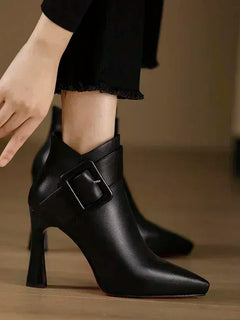 Women's Elegant High Heels Ankle Boots 2025 Spring Belt Buckle Pu Leather Short Boots Woman Plus Size 43 Thin Heeled Party Shoes