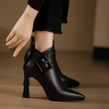 Women's Elegant High Heels Ankle Boots 2025 Spring Belt Buckle Pu Leather Short Boots Woman Plus Size 43 Thin Heeled Party Shoes