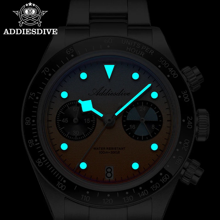 ADDIESDIVE 40mm Quartz Men's Watch AD2559 316L Stainless Steel 100M Water Resistant BGW9 Super Luminous Chronograph