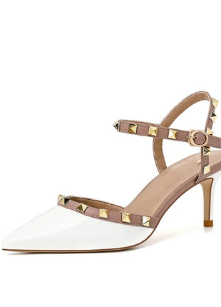 Lady autentici sandali in pelle cinturino con fibbia tacchi alti sottili scarpe alla moda Lock Gold Studs Dress Pumps 33-41 25cm White Blac