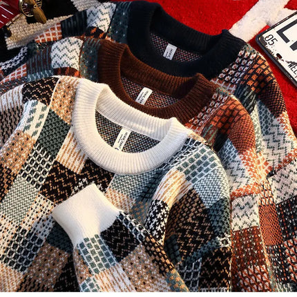 New Fashion Men Plaid Pullover Winter Sweaters Outwear Loose Casual Knitted Sweaters Male O-neck Pullovers Sweatercoats Size 4XL