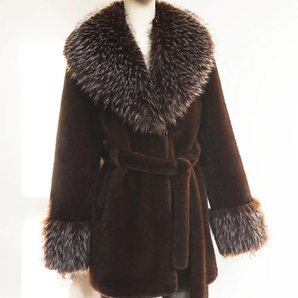 ZADORIN Luxury Long Mink Coat Faux Raccoon Fur Collar Warm Black Fur Coat Woman Elegant Belted Faux Fur Jacket Winter Outerwears
