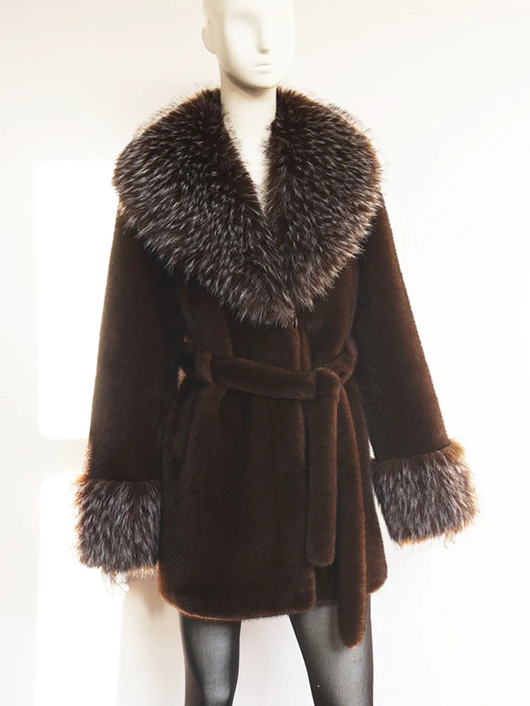 ZADORIN Luxury Long Mink Coat Faux Raccoon Fur Collar Warm Black Fur Coat Woman Elegant Belted Faux Fur Jacket Winter Outerwears