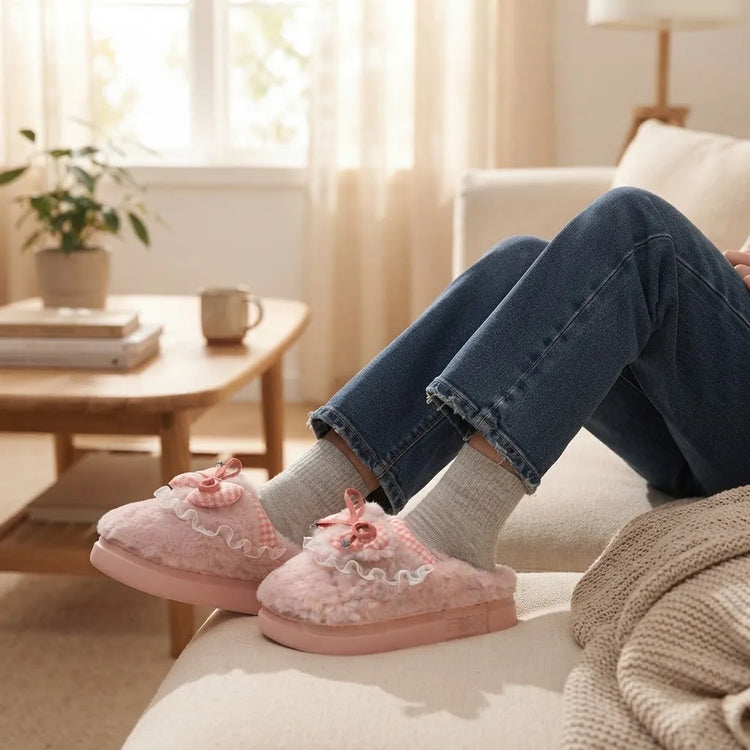 Kawaii Winter Warm Cotton Slippers Women Plaid Bowknot Lace Ruffle Plush Thick Platform Non-Slip Indoor Casual Shoes