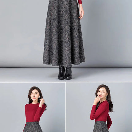 New Women Thick Woolen Skirt Autumn Winter Fashion Elastic High Waist A-Line Long Plaid Skirt Elegant Easy Match Wool Skirt PlatiNum