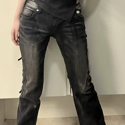 Karrram Vintage Distressed Low Waist Jeans Grunge Asymmetrical Waist Denim Pant Korean Fashion Black Flare Jeans Kpop Streetwear