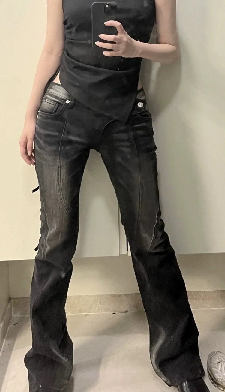 Karrram Vintage Distressed Low Waist Jeans Grunge Asymmetrical Waist Denim Pant Korean Fashion Black Flare Jeans Kpop Streetwear