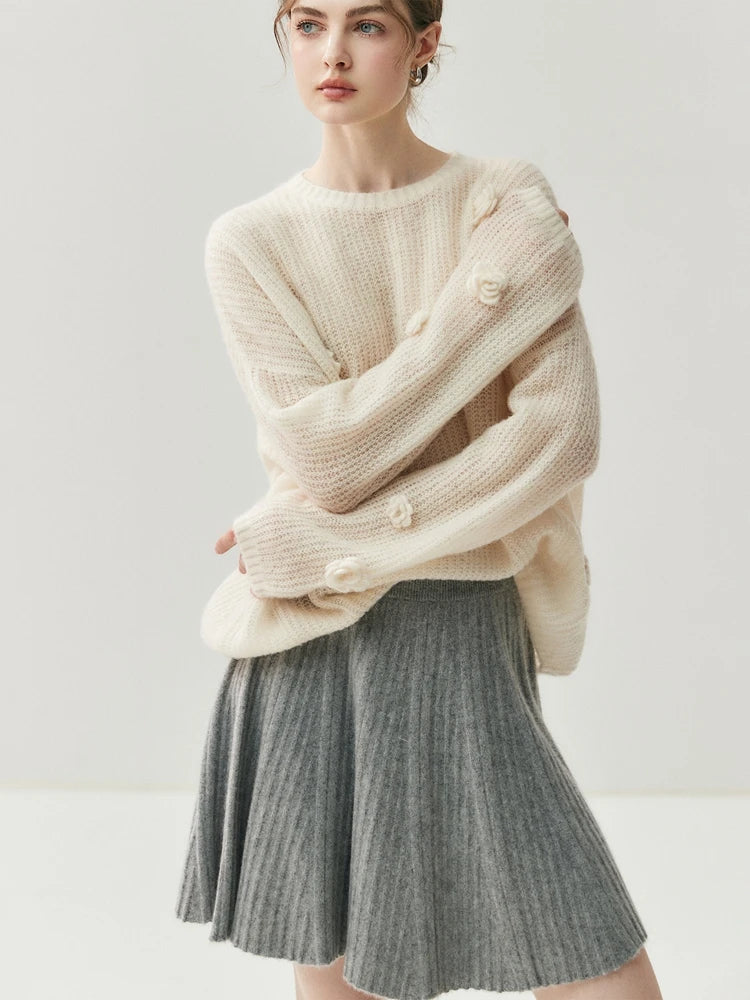 CHICUU Women's A-line Pleated Skirt 100% Cashmere Knit Mini Skirt Autumn Winter Preppy Style Above Knee Skirt Cashmere Knitwear PlatiNum