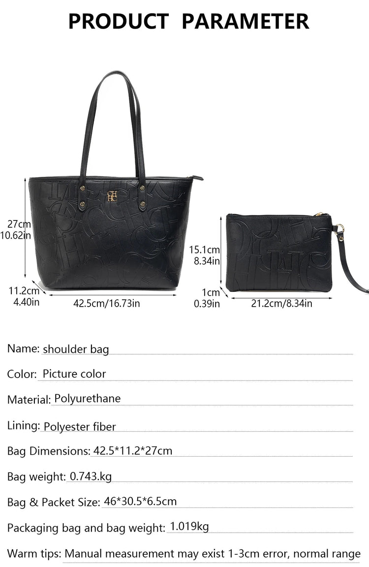 CH 2026 New Embossed Tote Bag Set 2Pcs Large Capacity Shoulder Bag with Pouch Luxury Designer Handbag for Women PlatiNum