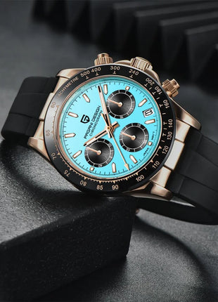 PAGANI DESIGN Cronografo da uomo Orologio da polso al quarzo di lusso in oro rosa 40mm Quadrante blu ghiaccio Vetro zaffiro 100M Impermeabile Cinturino in caucciù Orologio sportivo da uomo per uomo Reloj Hombre+GIFT BOX