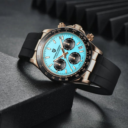 Nuovo Orologio da Uomo PAGANI DESIGN Cronografo di Lusso in Oro Rosa, Quadrante Blu Ghiaccio 40mm, Vetro Zaffiro, Impermeabile 100M, Cinturino in Gomma, Orologio Sportivo Maschile + CONFEZIONE REGALO