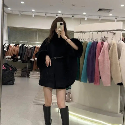 UCXQ Korean Style Two Sided Cloak Overcoat For Women Fur Collars Belt Loose Long Coats 2025 Winter New 23Z2284
