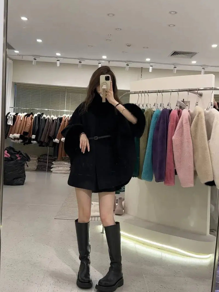 UCXQ Korean Style Two Sided Cloak Overcoat For Women Fur Collars Belt Loose Long Coats 2025 Winter New 23Z2284
