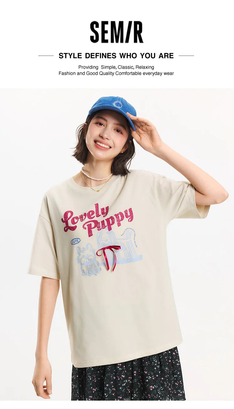 T-shirt a maniche corte Semir da donna, lunghezza media, fantasia carina, stile retrò, nuova collezione estiva 2025, top ampio traspirante, stile di nicchia