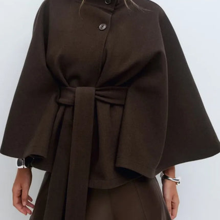 Autumn And Winter New Fashion Solid Color Cloak Stand-up Collar Button Belt Windbreaker Jacket Women's Temperament Commuting Top