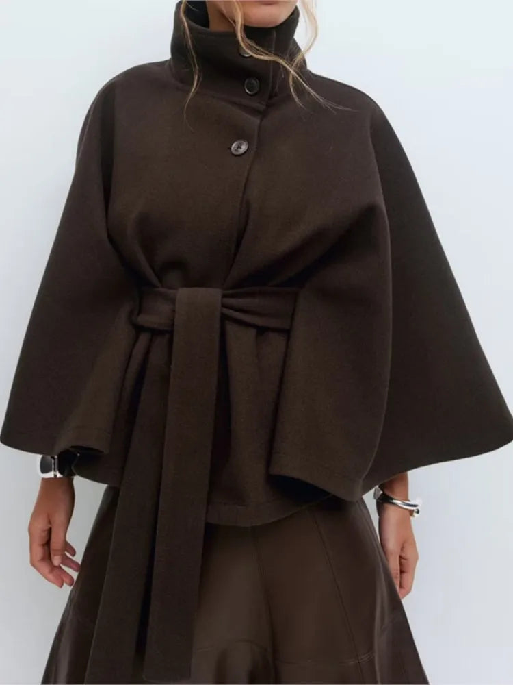 Autumn And Winter New Fashion Solid Color Cloak Stand-up Collar Button Belt Windbreaker Jacket Women's Temperament Commuting Top
