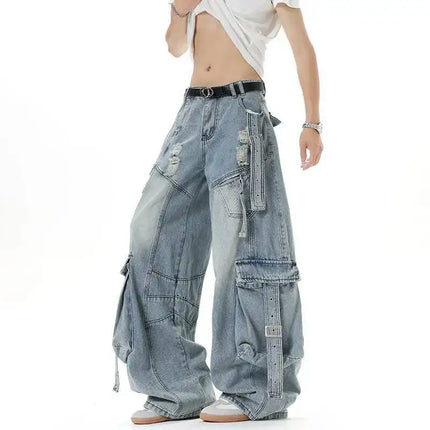 IEFB Jeans da uomo stile americano tinta unita multi tasche pantaloni casual usurati decostruzione pantaloni in denim a gamba larga 9W4066