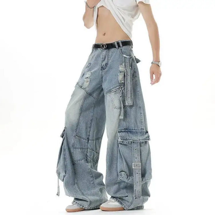 IEFB Jeans da uomo stile americano tinta unita multi tasche pantaloni casual usurati decostruzione pantaloni in denim a gamba larga 9W4066