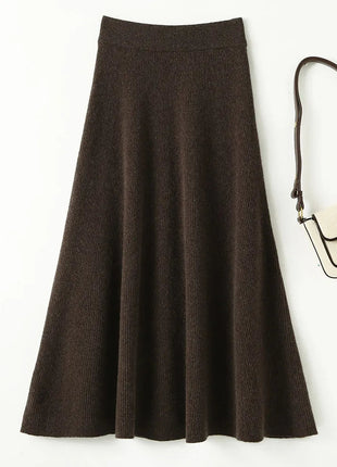 Chic New Women 100% Merino Wool Knitted A Line Skirt Solid Color Autumn Winter High Waist Preppy Style Soft Wool Midi Skirt PlatiNum