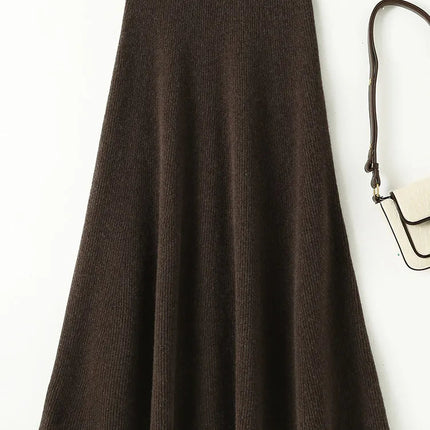 Chic New Women 100% Merino Wool Knitted A Line Skirt Solid Color Autumn Winter High Waist Preppy Style Soft Wool Midi Skirt PlatiNum