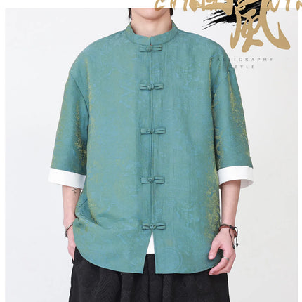 Camicia da Uomo di Lusso con Sfumature Colorate, Jacquard a Maniche Corte, Stile Cinese Tradizionale, Fresca per l'Estate, in Seta Ghiaccio