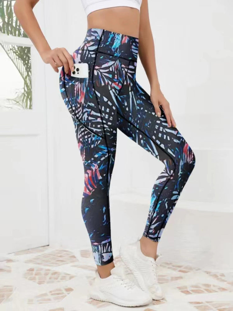 Printed women's high waistband pocket fitness pants paired with tight abdominal yoga pants, suitable for running, hiking, and sp PlatiNum