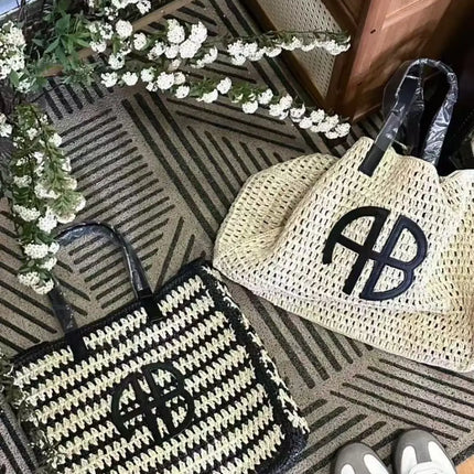 Large Capacity AB Letter Woven Straw Tote Bag, Beach Vacation Women's Striped RIO City Simple Style Casual Travel Bag