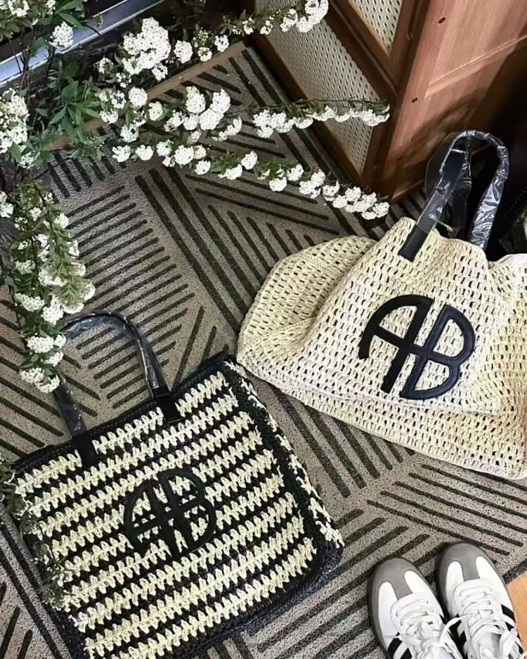 Borsa tote in paglia intrecciata con lettera AB di grande capacità, per vacanze al mare, da donna, a righe, RIO City, stile semplice, borsa da viaggio casual