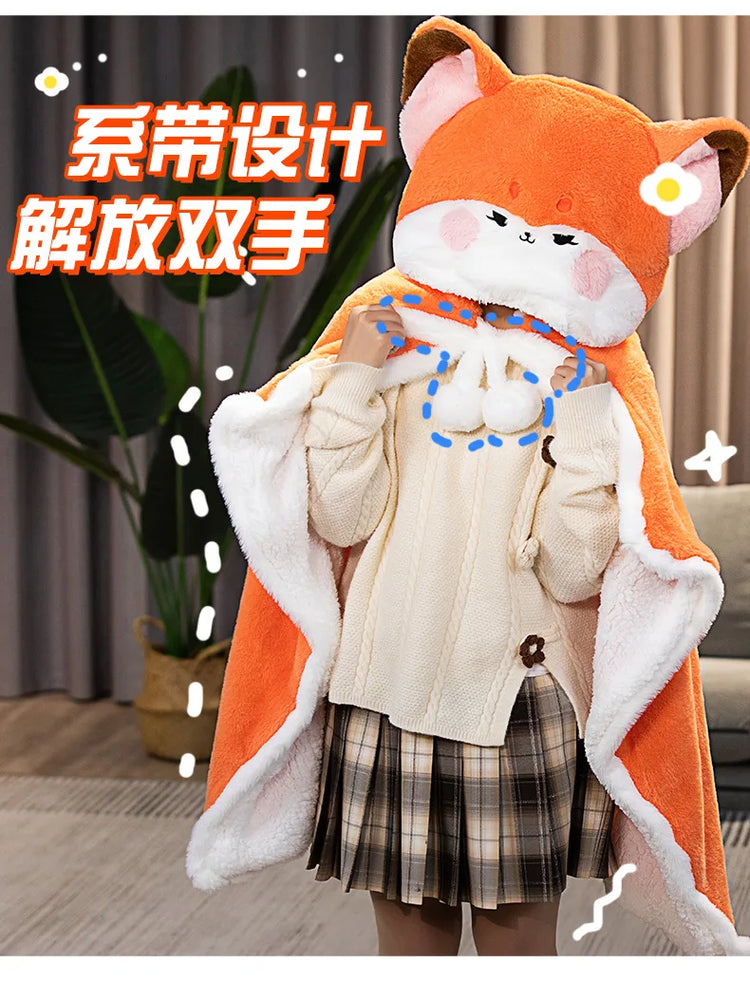 Anime Fox Cloak Fox Cape Cartoon Cloak Coral Fleece Keep Warm Air Blankets Cosplay Costumes Lovely Soft Birthday Valentine Gifts