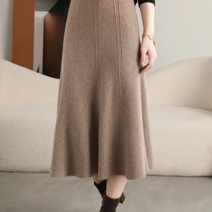 Grace Women's Skirt 100% Merino Wool Skirt Hip Hugging A-Line Wave Skirt Knitted Warm Autumn Winter Dress Slim Office Lady Skirt PlatiNum